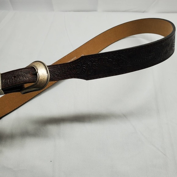 Leather Tooled Cowhide Belt Size 44 Brown With Silver Buckle MAde in The USA - Picture 2 of 11